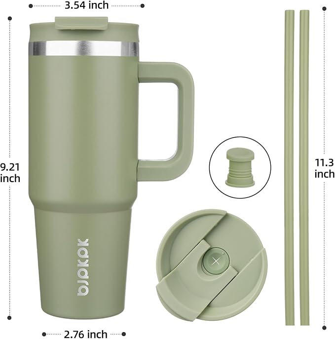 BJPKPK 30 oz Stainless Steel Tumbler With Handle Insulated Tumblers With 2 Straw Travel Coffee Mug With Lid,Sage - Image 3