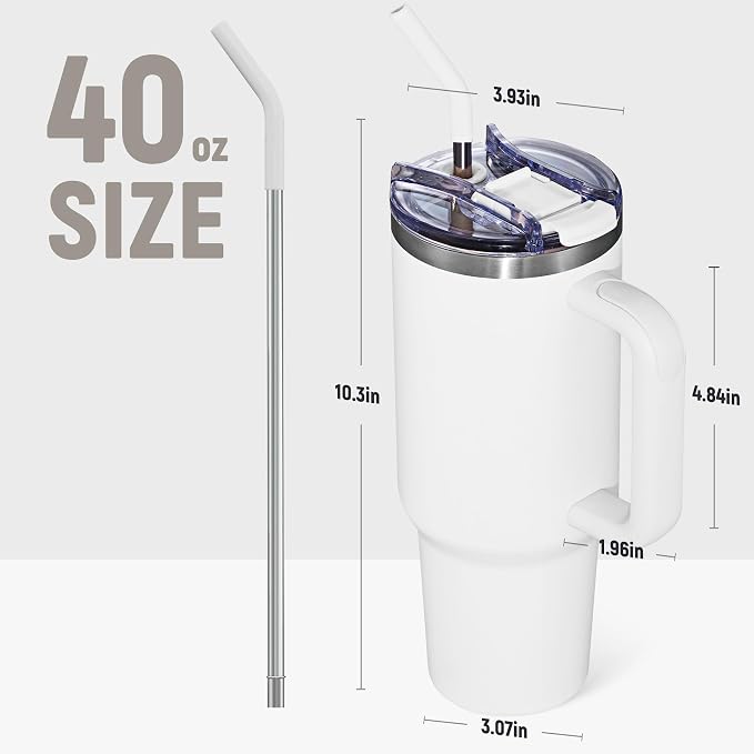 COKTIK 40 oz Tumbler With Handle and Straw, Insulated Tumbler With Leakproof Lids, Stainless Steel|BPA-Free, Cold for 24 H (Snow) - Image 2
