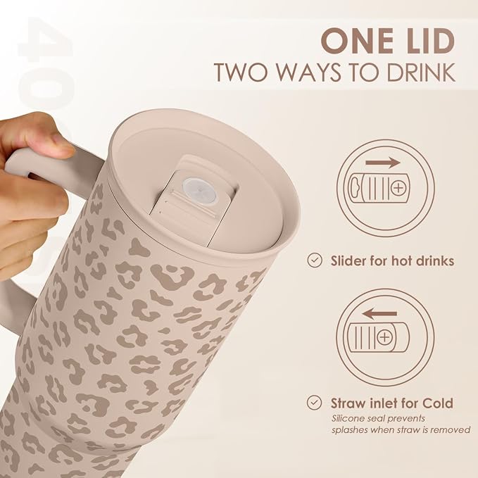 SANDJEST Leopard Tumbler with Handle, Insulated Cup Stainless Steel Travel Mug Cup, Gifts for Women Girl on Birthday Christmas, Tan Leopard, 40oz - Image 4
