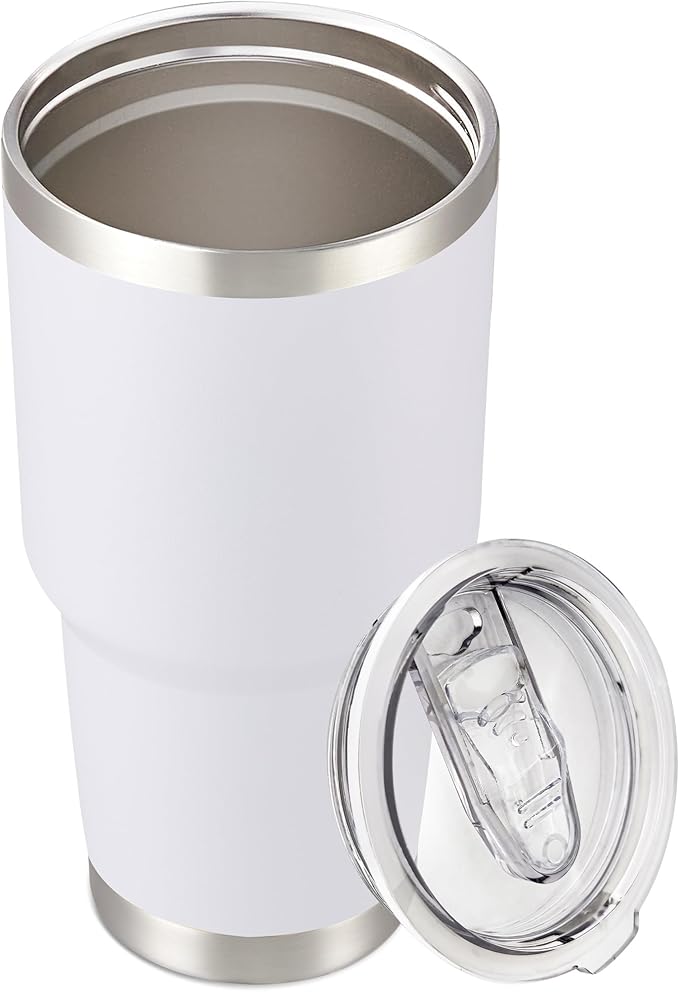 30 oz Tumbler with Lid Stainless Steel Tumblers Vacuum Insulated Cup Reusable Powder Coated Travel Mug Double Wall Leak Proof Portable Cups Keep Cold Drinks for 12 Hours, White, 1 Pack by CoolYoleb