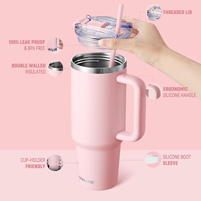 40 oz Tumbler with Handle and Straw Lid,Insulated Reusable Stainless Steel Water Bottle Travel Mug，Cupholder Friendly Double Wall Vacuum Sealed Cup (Pink) - Image 2
