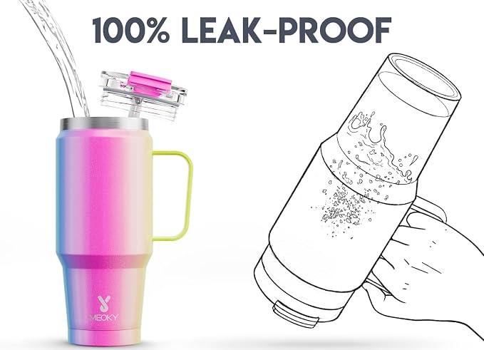 Meoky 32 oz Tumbler with Handle, Insulated Tumbler with Lid and Straw, Stainless Steel Travel Mug, 100% Leak Proof, Keeps Cold for 24 Hours or Hot for 8 Hours, Fits in Car Cup Holder (Carnival) - Image 3