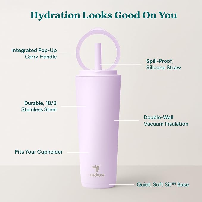REDUCE Halo 24 oz Stainless Steel Vacuum Insulated Tumbler - Spill Proof Travel Mug with Flip Handle Lid - Keeps Drinks Cold for 32 Hrs - Dishwasher Safe - Cupholder Friendly - Lilac Bud - Image 4