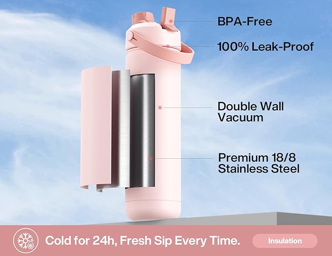 POWCAN 26 oz Insulated Water Bottle with 2-in-1 Straw and Spout Lid, Keep Cold 24H, Leak-Proof, Fits in Car Cup Holder, Stainless Steel Water Bottle for Sports, Travel, and School (Cotton Candy) - Image 2