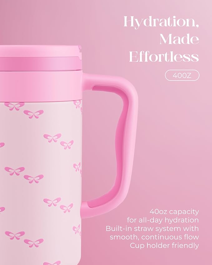 40 oz Insulated Tumbler with Handle and Push-Button Straw Lid, Stainless Steel Travel Cup for Gym Office Leakproof, BPA-Free, Cup Holder Friendly, Bow Silicone Boot, Pink (Coquette Bubblegum) - Image 5
