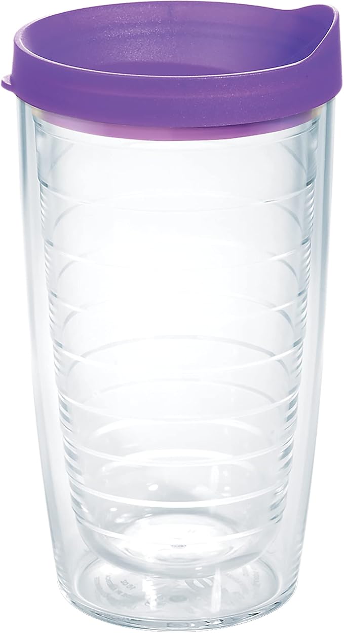 Tervis Clear & Colorful Lidded Made in USA Double Walled Insulated Tumbler Travel Cup Keeps Drinks Cold & Hot, 16oz, Purple Lid by TervisTumblerCompany