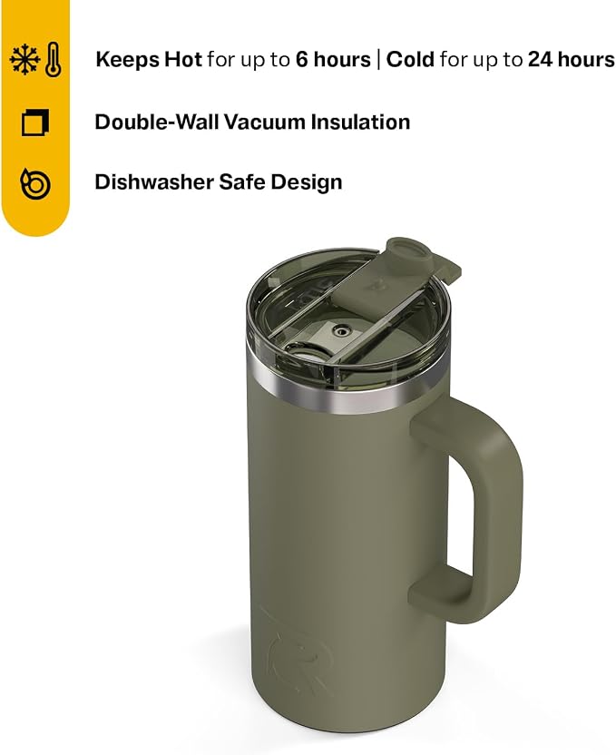 RTIC 16oz Road Trip Travel Mug with Lid and Handle, Ceramic Lined, Insulated, Stainless Steel, Metal, Double Wall Vacuum-Insulation, Portable Coffee, Tea Cup for Hot and Cold Drink, Olive - Image 2