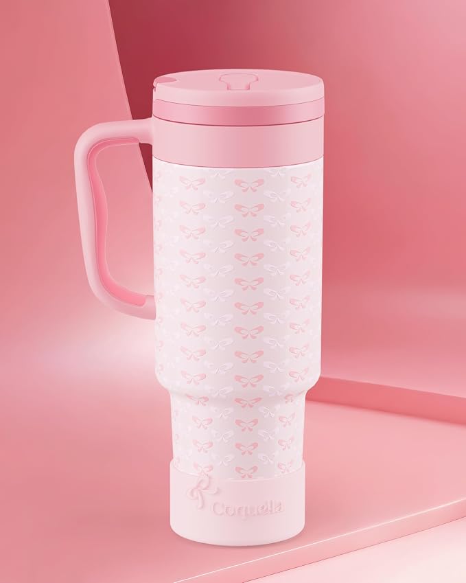 40 oz Insulated Tumbler with Handle and Push-Button Straw Lid, Stainless Steel Travel Cup for Gym Office, Leakproof, BPA-Free, Cup Holder Friendly, Bow Silicone Boot, Pink (Coquette Blush) - Image 2