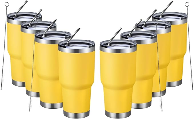 MEWAY 30oz Insulated Tumbler With Lids and Straws,Stainless Steel Double Vacuum Coffee Tumbler Cup, Brush, Durable Powder Coated Coffee Cup for Cold & Hot Drinks, Office, Travel(Yellow,8 PACK) by MEWAY