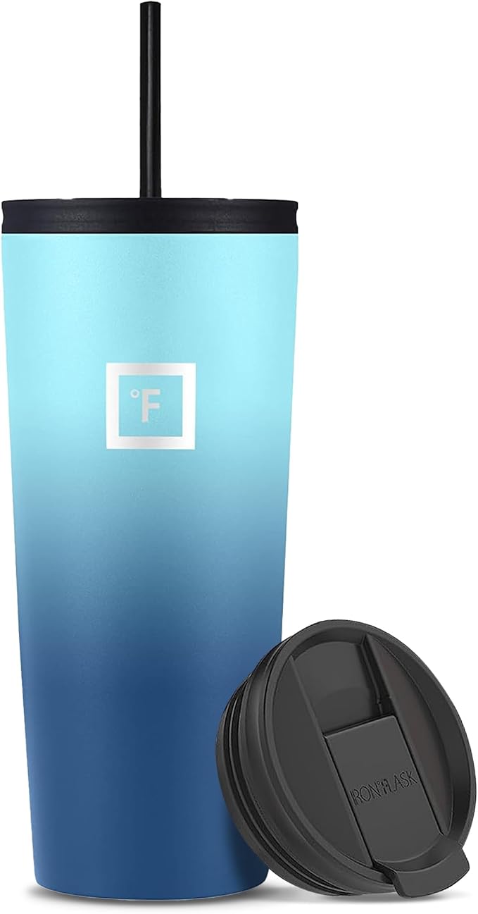 IRON °FLASK Classic Tumbler - Vacuum Insulated Stainless Steel Water Bottle, Double Walled, Drinking Cup, Insulated Travel Mug (Blue Waves, 24 oz Solid Lid) by IronFlask
