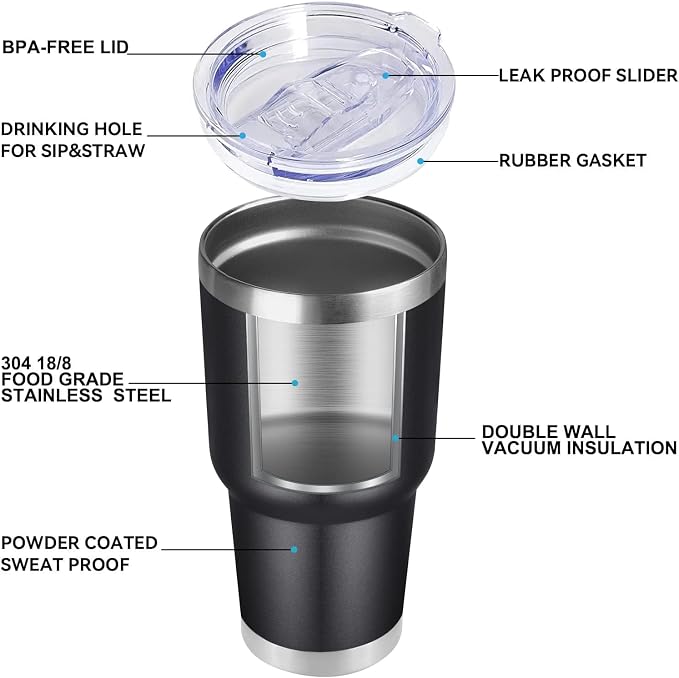DOMICARE 30oz Tumbler Bulk with Lid and Straw, Double Wall Travel Coffee Mug, Insulated Vacuum Stainless Steel Tumblers, Powder Coated Tumbler Cup (Black, 8) - Image 5