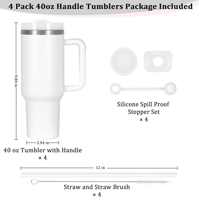 4 Pack 40 Oz Tumbler with Handle Bulk, Double Wall Vacuum Insulated Stainless Steel Tumbler with Lid and Straw, 40 oz cup with Silicone Spill Proof Stopper Set (White) - Image 3
