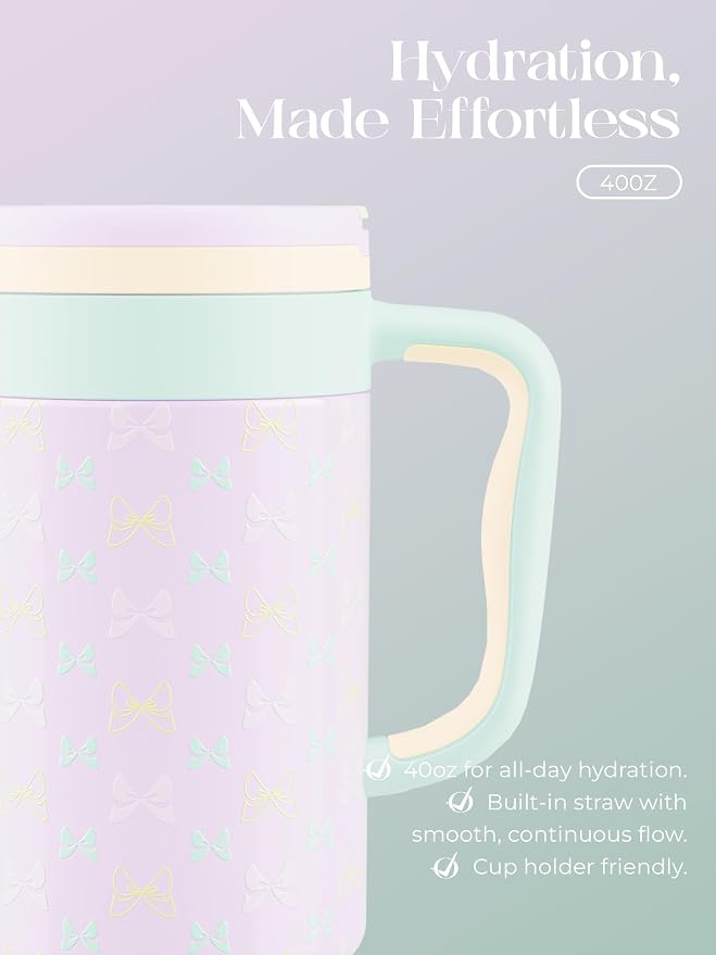 40 oz Insulated Tumbler with Handle and Push-Button Straw Lid, Stainless Steel Travel Cup for Gym Office, Leakproof, BPA-Free, Cup Holder Friendly, Bow Silicone Boot, Purple (Bow Lilac) - Image 5