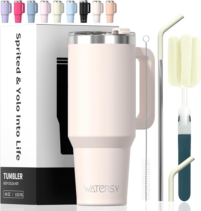 40 oz Tumbler with Handle,Tumbler with Lid and Straw,Double Wall Insulated Cup Stainless Steel Travel Mug(Cold for 34 Hours),Water Bottle for Iced Tea,Coffee,Cold Beverages(Ivory Beige) by Watersy