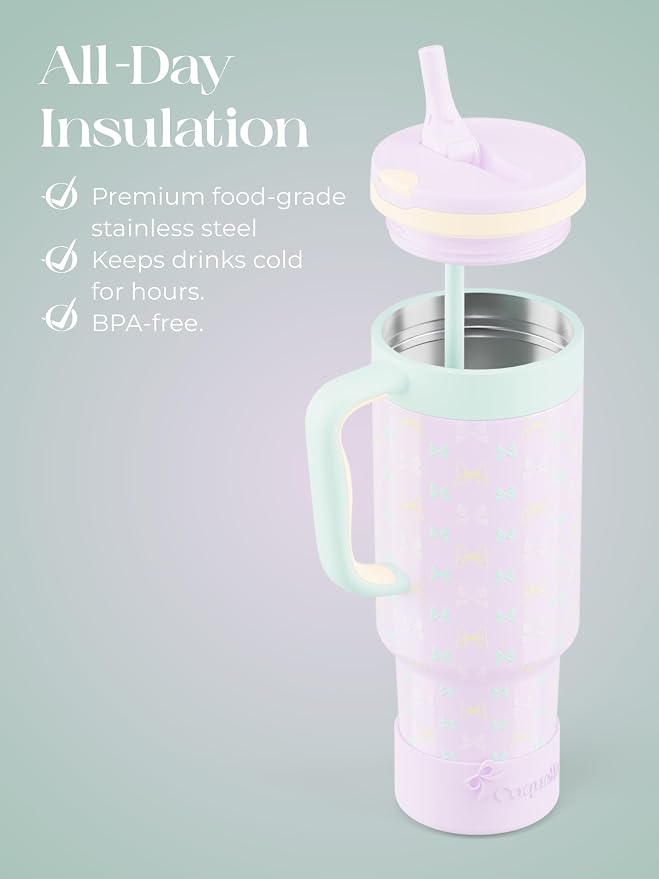 40 oz Insulated Tumbler with Handle and Push-Button Straw Lid, Stainless Steel Travel Cup for Gym Office, Leakproof, BPA-Free, Cup Holder Friendly, Bow Silicone Boot, Purple (Bow Lilac) - Image 4