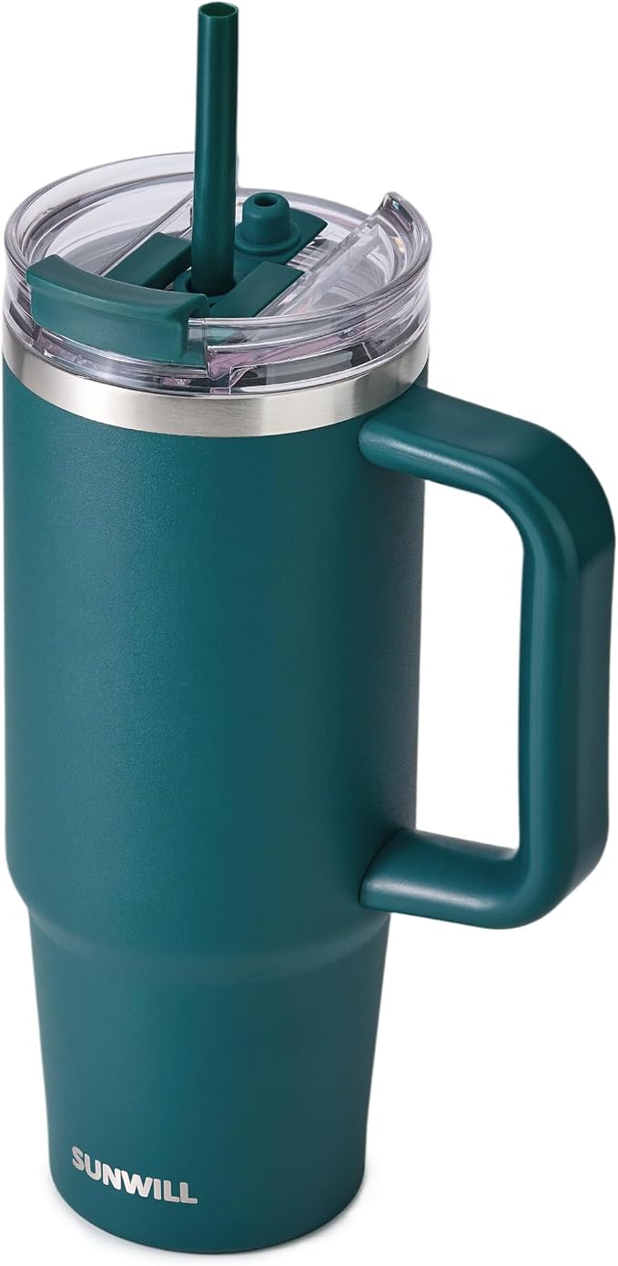 SUNWILL Travel Coffee Mug with Lid, 30 oz Tumbler with Handle and Straw Leak Proof, Stainless Steel Cup Insulated for Office & Camping, Cupholder Friendly, Powder Coated Deep Teal by SUNWILL