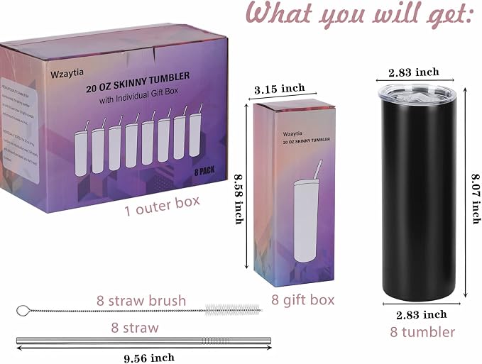 20 Oz Stainless Steel Straight Skinny Tumbler Set (8 Pack), Insulated Slim Thin Travel Cup with Lid, Black - Image 2