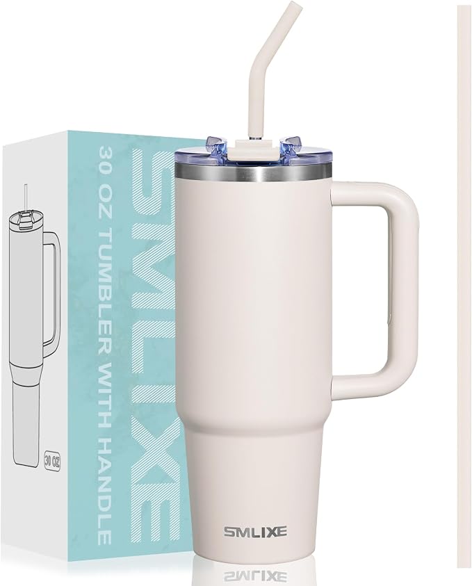 30 oz Tumbler with Handle, Tumbler with Lid and Straw, Double Wall Vacuum Insulated Travel Mug Stainless Steel Tumbler for Hot and Cold, Cupholder Friendly (Almond Birch) by smlixe