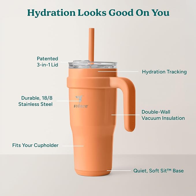REDUCE 24 oz Tumbler with Handle - Vacuum Insulated Stainless Steel Travel Mug with Sip-It-Your-Way Lid and Straw - Keeps Drinks Cold up to 24 Hours - Sweat Proof, Dishwasher Safe - OG Papaya - Image 4