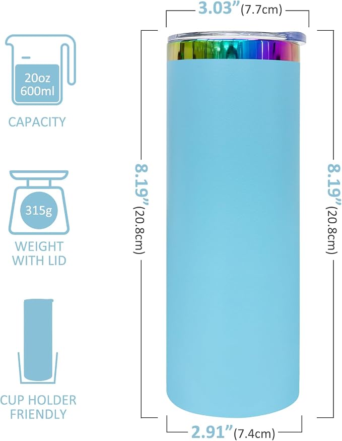 20 oz Skinny Tumblers Stainless Steel Tumbler with Lid and Straw Double Wall Vacuum Insulated Coffee Mug 20oz Powder Coated Cup for Hot and Cold Drinks(Blue,1 pack) - Image 2