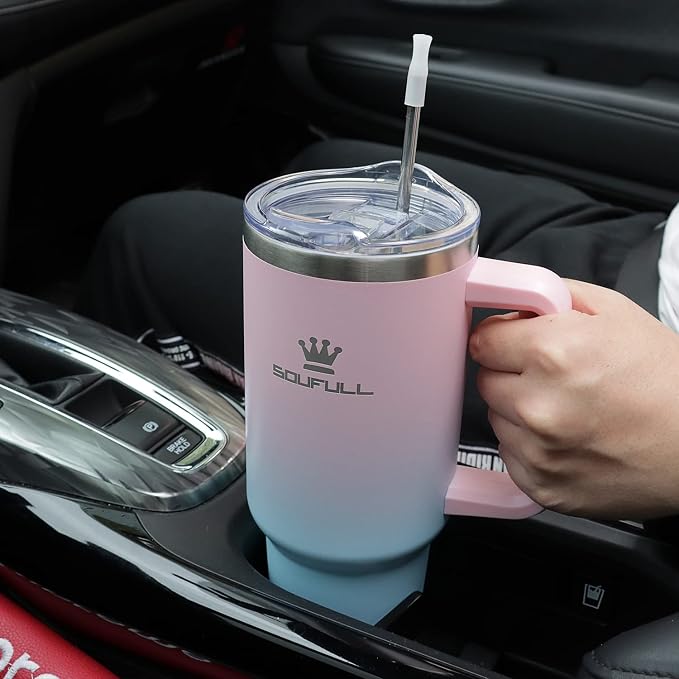 40 oz Tumbler with Handle and Straw Lid, 100% Leak-proof Travel Coffee Mug, Stainless Steel Insulated Cup For Beverages, Keeps Cold for 34Hrs or Hot for 10Hrs, Dishwasher Safe (PinkBlue) - Image 8