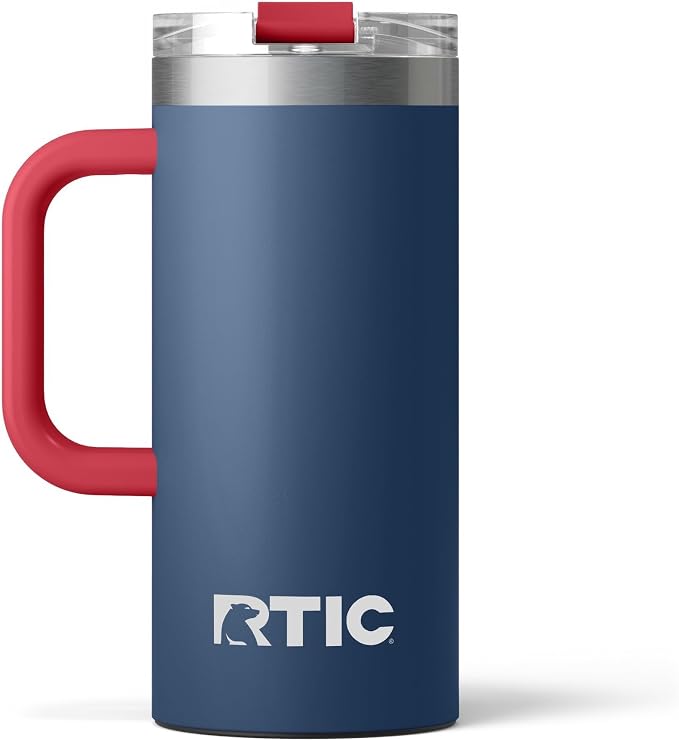 RTIC 16oz Road Trip Travel Mug with Lid and Handle, Ceramic Lined, Insulated, Stainless Steel, Metal, Double Wall Vacuum-Insulation, Portable Coffee, Tea Cup for Hot and Cold Drink, Patriot by RTIC