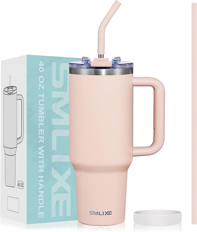 40 oz Tumbler with Handle and Straw Lid,Insulated Reusable Stainless Steel Water Bottle Travel Mug，Cupholder Friendly Double Wall Vacuum Sealed Cup (Rose Quartz) by smlixe
