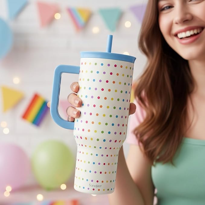 SANDJEST LGBT 40oz Tumbler with Handle and Straw, Insulated Stainless Steel Travel Coffee Mug for Gay Lesbian Adults Friends, Gift Idea for Birthday Christmas Pride Month (Polka Dot) - Image 6