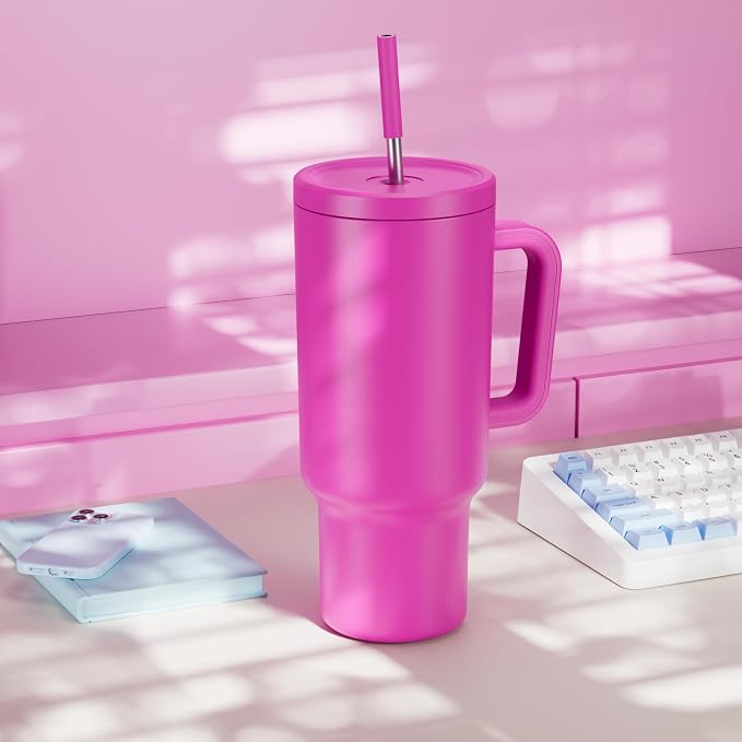 Meoky 40 oz Tumbler with Handle and Straw: Stainless Steel Insulated Tumbler with Lid and Straw - 100% Leak Proof Tumbler for Car Cup Holders - Travelers Commuters Workers, Barbie - Image 7