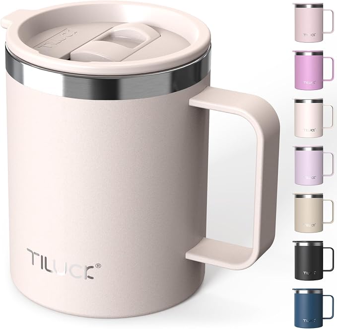TILUCK 12 oz Insulated Coffee Mug with Lid, Double Wall Vacuum Insulated Travel Mug Cup with Handle for Hot or Cold Drinks（12oz，Matte SakuraPink） by TILUCKBringsGoodLuck