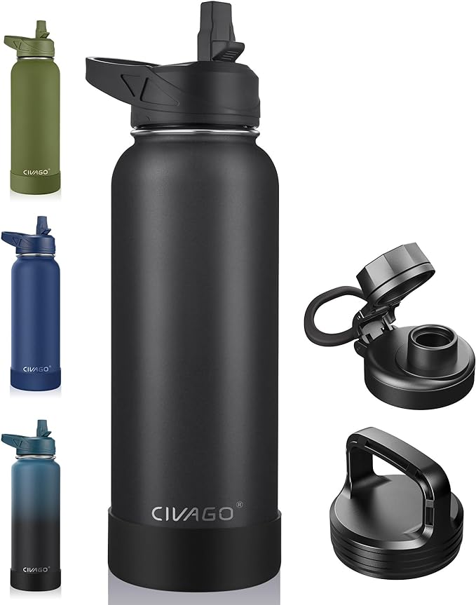 CIVAGO 40 oz Insulated Water Bottle With Straw, Stainless Steel Sports Water Cup Flask with 3 Lids (Straw, Spout and Handle Lid), Double Walled Travel Thermal Canteen Mug, Midnight Black by CIVAGO
