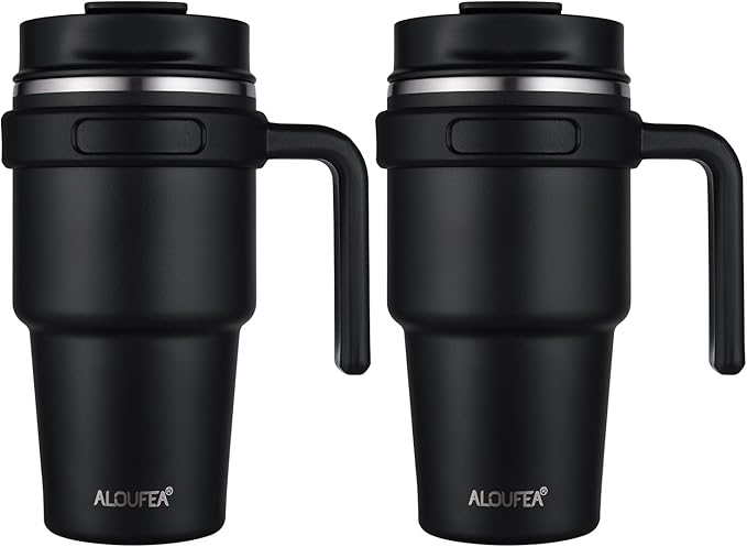 ALOUFEA 20 oz Insulated Coffee Mug Tumbler with Handle, Stainless Steel Travel Mug Tumbler with Lid and Straw,Double Wall Vacuum Leak Proof Ice Coffee Thermal Cup, Black by ALOUFEA