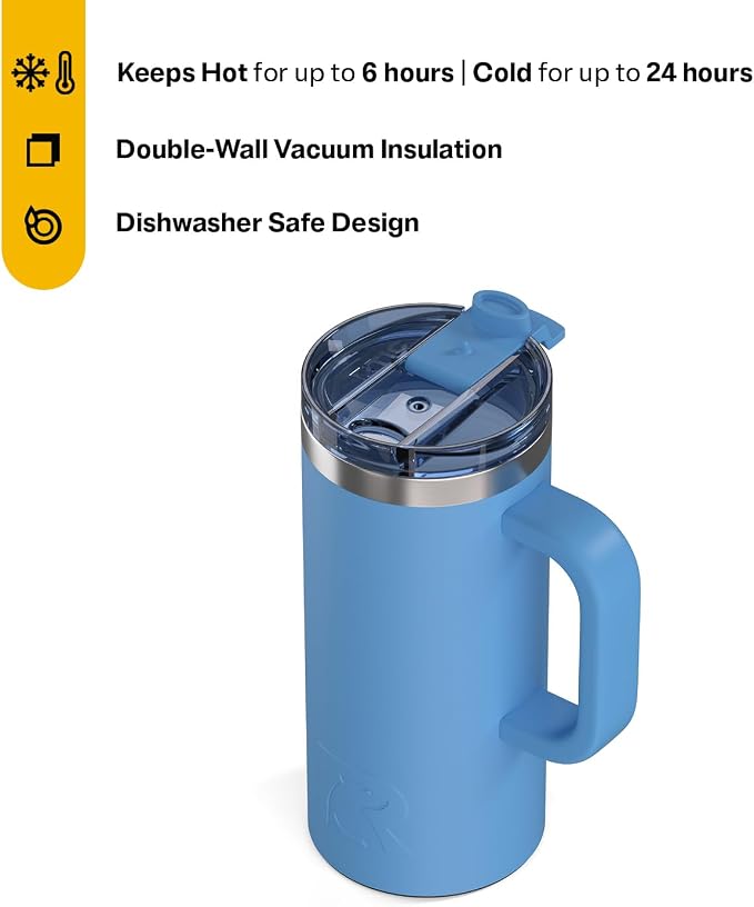 RTIC 16oz Road Trip Travel Mug with Lid and Handle, Insulated, Stainless Steel, Metal, Double Wall Vacuum-Insulation, Ceramic Lined, Portable Coffee, Tea Cup for Hot and Cold Drink, Denim - Image 2
