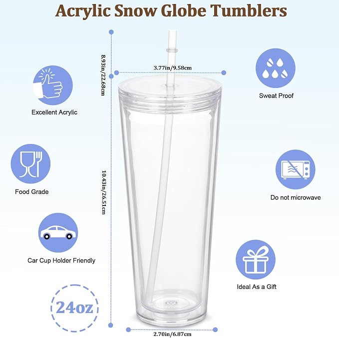 8 Pack 24Oz Snow Globe Tumblers, Double Wall Acrylic Snowglobe Cup with Pre Drilled Hole, Lids, Straws and Plug, Reusable Clear Plastic Tumbler for Snow Globe Glitter DIY - Image 2