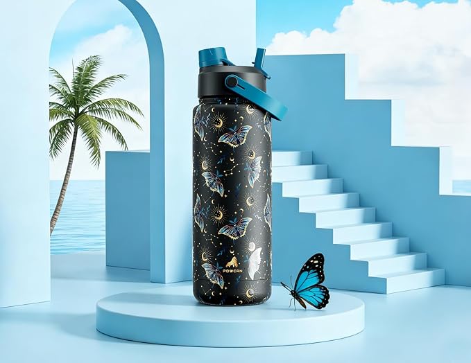 POWCAN 32 oz Insulated Water Bottle with 2-in-1 Straw and Spout Lid, Keep Cold 24H, Leak-Proof, BPA-Free, Double Wall Stainless Steel Water Bottle for Sports, Gym, Travel and School (Gilded Flutter) - Image 2