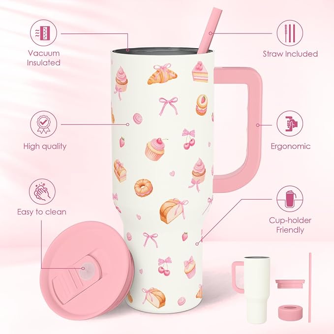 SANDJEST Dessert 40oz Tumbler with Handle and Straw, Insulated Stainless Steel Travel Coffee Mug for Women Girls, Gift Idea for Birthday Christmas Mothers Day - Image 2