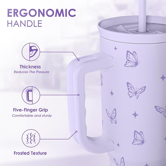 Butterfly Gifts for Women, Purple Butterfly Tumbler with Handle, Stainless Steel Insulated Coffee Travel Mug Cup, Gifts for Women Girls on Birthday Christmas, 40oz - Image 3