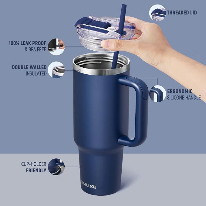 40 oz Tumbler with Handle and Straw Lid,Insulated Reusable Stainless Steel Water Bottle Travel Mug，Cupholder Friendly Double Wall Vacuum Sealed Cup (Navy) - Image 2