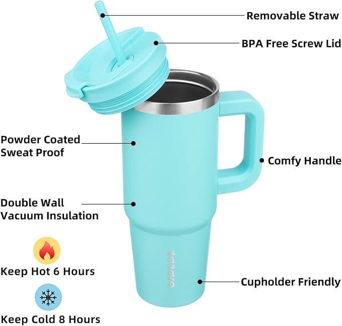 BJPKPK 30 oz Insulated Tumbler With Lid And Straw Stainless Steel Tumblers Cup With Handle For Women And Men,Turquoise - Image 2