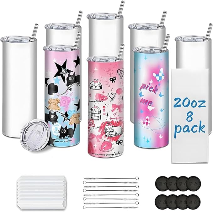 Sublimation Tumblers, 20 oz Skinny Straight Sublimation Tumbler with Lids and Straws Bulk (8 Pack) by Kocdam