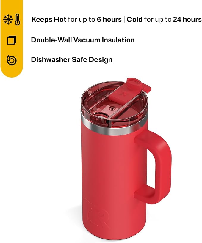 RTIC 16oz Road Trip Travel Mug with Lid and Handle, Ceramic Lined, Insulated, Stainless Steel, Metal, Double Wall Vacuum-Insulation, Portable Coffee, Tea Cup for Hot and Cold Drink, Flag Red - Image 2
