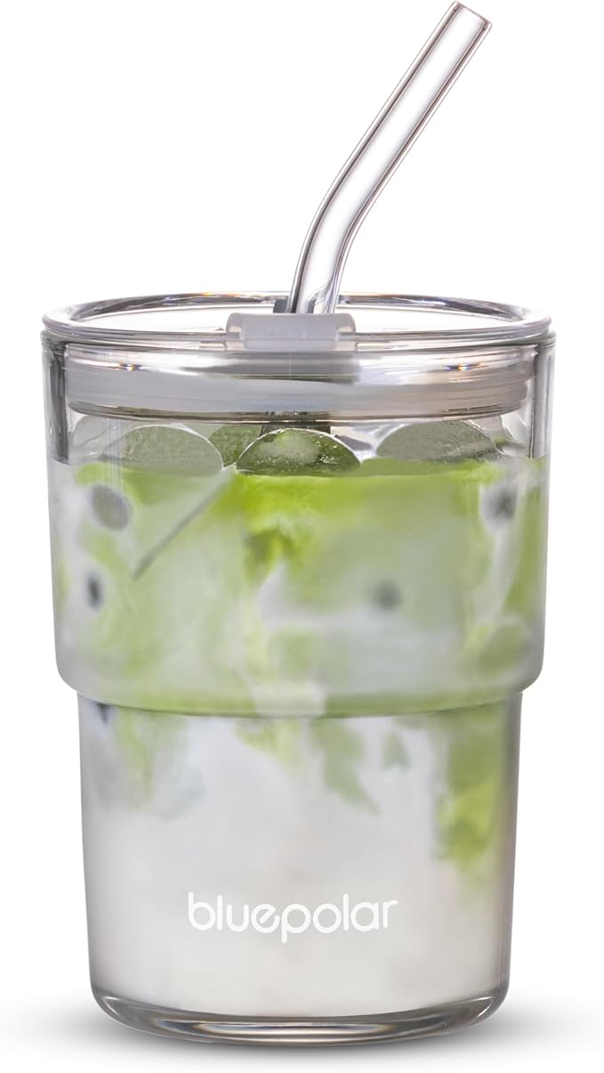 BLUEPOLAR 13oz/400ml Glass Water Tumbler with Straw and Lid Sealed Carry On Thick Wall Iced Coffee Cup Glass Cup for Water, Iced Tea Fruit Juice Etc(Aurora White by BLUEPOLAR