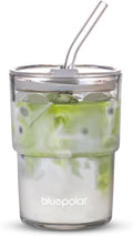 BLUEPOLAR 13oz/400ml Glass Water Tumbler with Straw and Lid Sealed Carry On Thick Wall Iced Coffee Cup Glass Cup for Water, Iced Tea Fruit Juice Etc(Aurora White by BLUEPOLAR