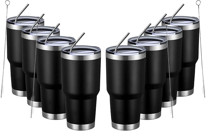 MEWAY 30oz Insulated Tumbler With Lids and Straws,Stainless Steel Double Vacuum Coffee Tumbler Cup, Brush, Durable Powder Coated Coffee Cup for Cold & Hot Drinks(Black,8 PACK) by MEWAY