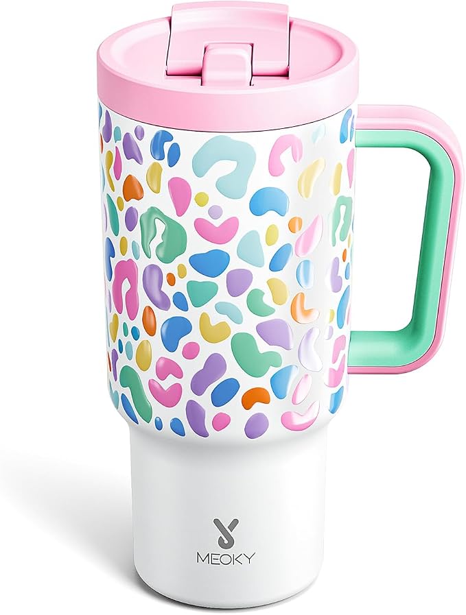 Meoky 32 oz Tumbler with Handle and Flip Straw, 100% Leakproof Tumbler with Lid and Straw, Stainless Steel Insulated Cup, Cupholder Friendly, Keeps Cold for 24 Hours (Leopard) by MEOKY