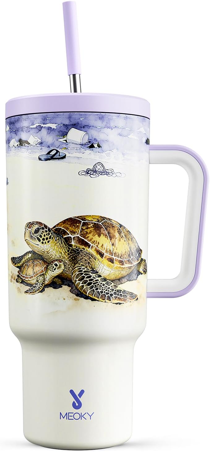 Meoky 40 oz Tumbler with Handle and Straw: Stainless Steel Insulated Tumbler with Lid and Straw - 100% Leak Proof Tumbler for Car Cup Holders - Travelers Commuters Workers, Sea Turtle by MEOKY