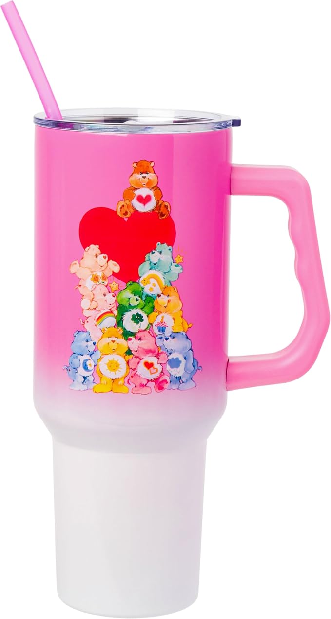 Silver Buffalo Care Bears Watercolor Heart Ombre Stainless Steel Tumbler with Handle and Straw, Fits in Standard Cup Holder, 40 Ounces (Pack of 12) by SilverBuffalo