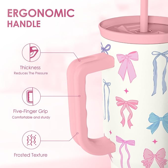 SANDJEST Bow 40oz Tumbler With Handle and Straw, Insulated Stainless Steel Travel Coffee Mug for Women Girls Bow Lovers, Gift Idea for Birthday Christmas Mothers Day - Image 3