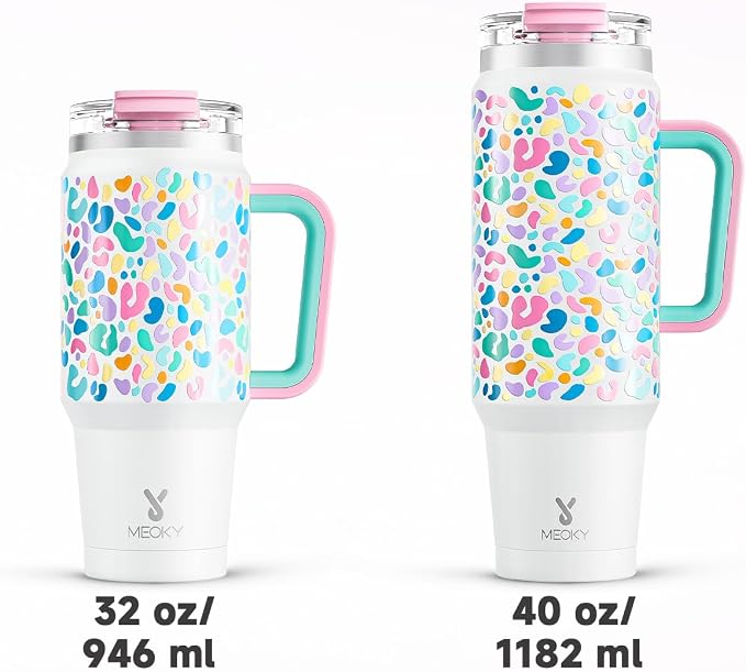 Meoky 32 oz Tumbler with Handle, Insulated Tumbler with Lid and Straw, Stainless Steel Travel Mug, Keeps Cold for 24 Hours, 100% Leak Proof, Fits in Car Cup Holder (Leopard) - Image 8