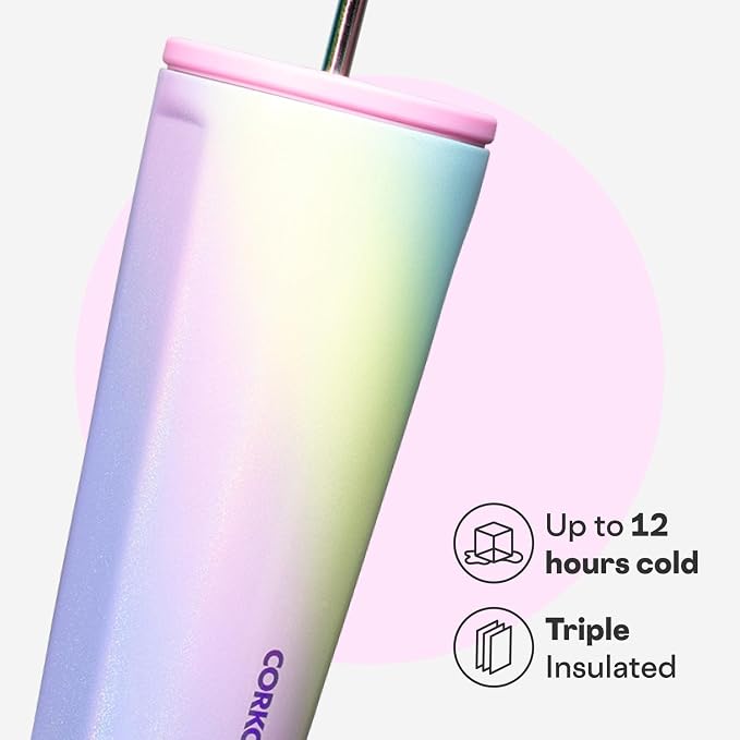 Corkcicle Cold Cup Insulated Tumbler with Straw - Keeps Drinks Cold for 12 Hours - Triple-Insulated Stainless Steel - Leak-Resistant Lid - Summer Drinkware Gift - 24 oz - Rainbow Unicorn - Image 3
